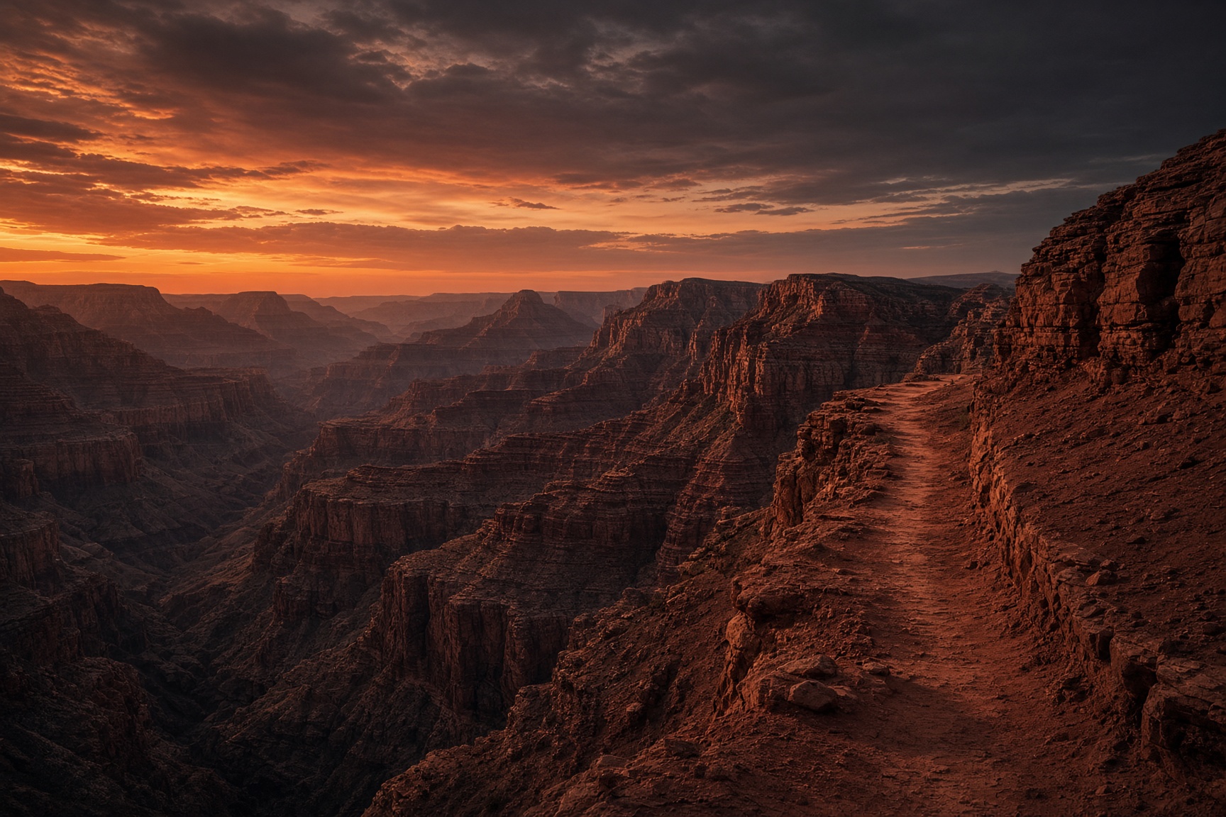 A worn path along a rust-red canyon at dusk.