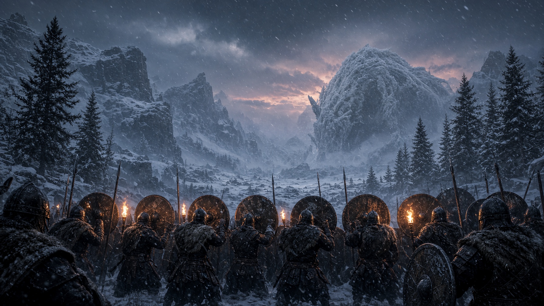 A Nordic shield-wall in a snowy pass facing a frost-rimed beast.