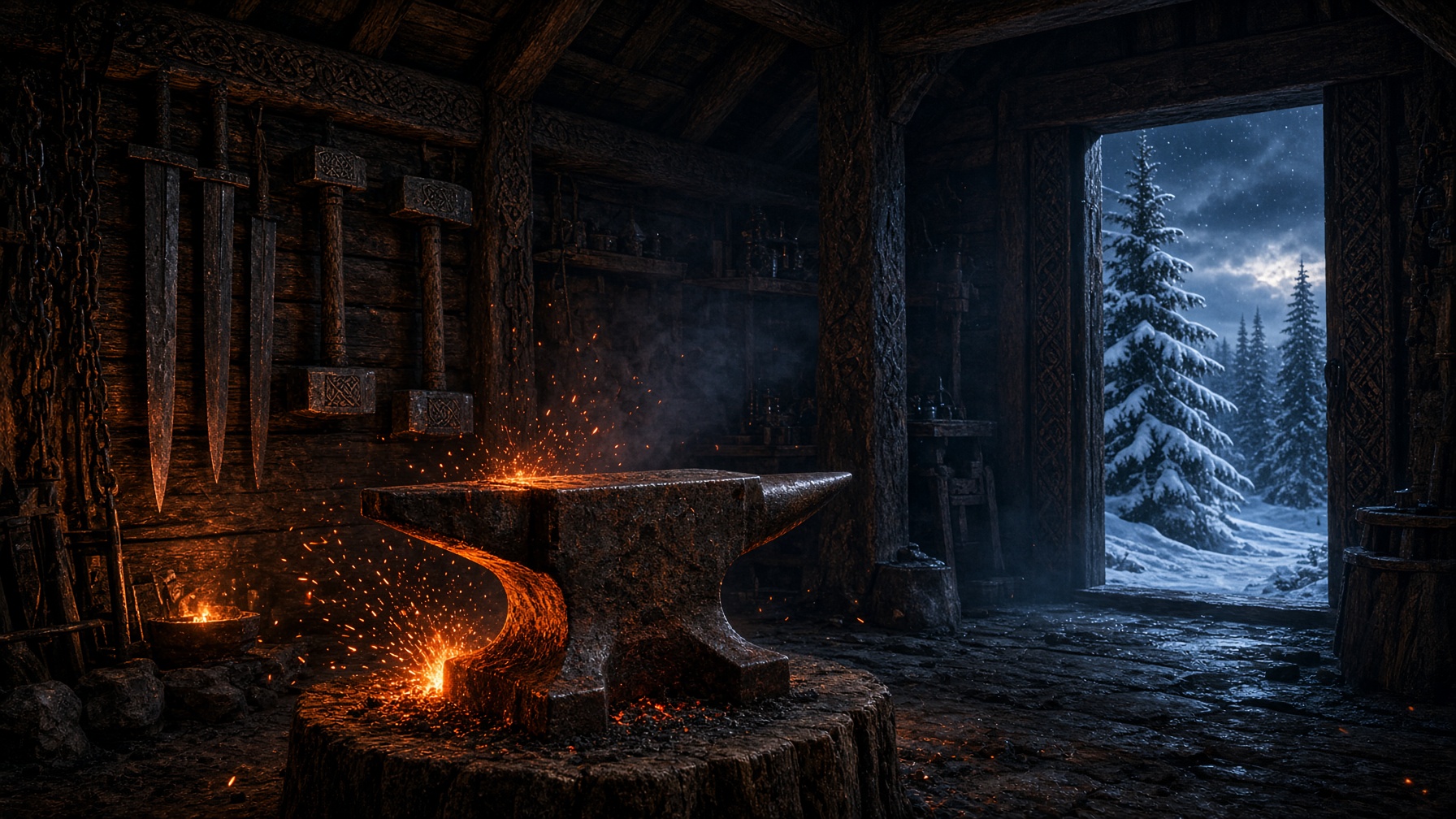 A Viking longhouse forge at night, anvil glowing with ember light.