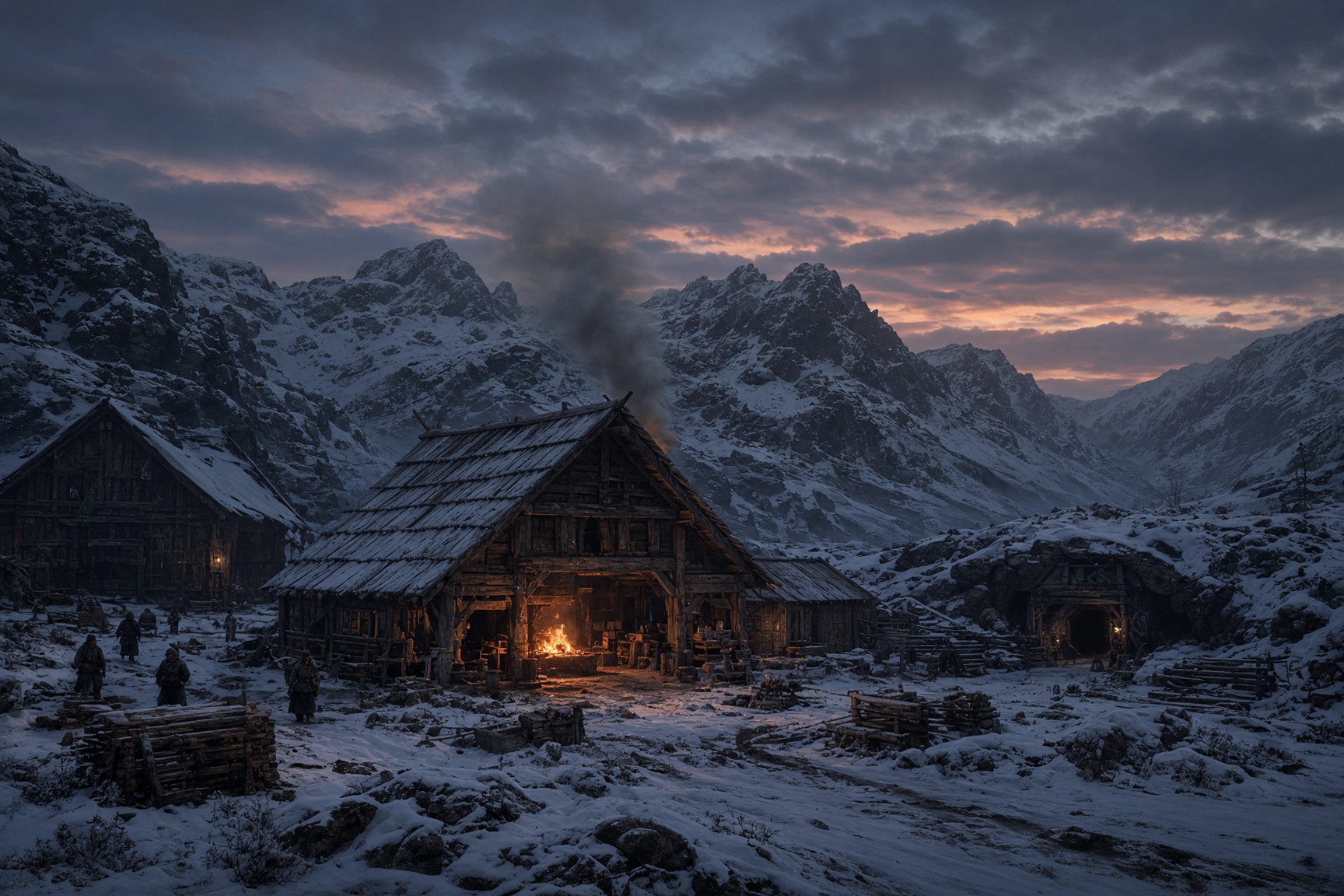 A winter Nordic settlement at dusk, smoke rising from a central forge.