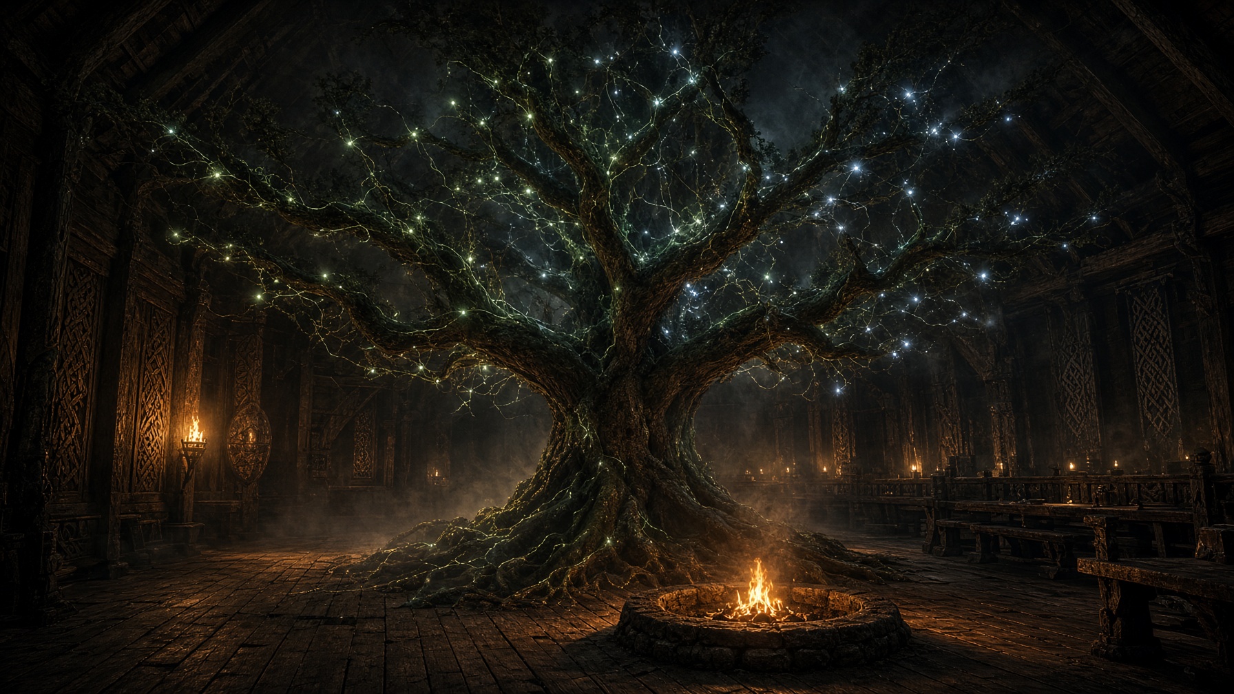 A Norse hall where an ancient oak stands, branches lit like sworn oaths.