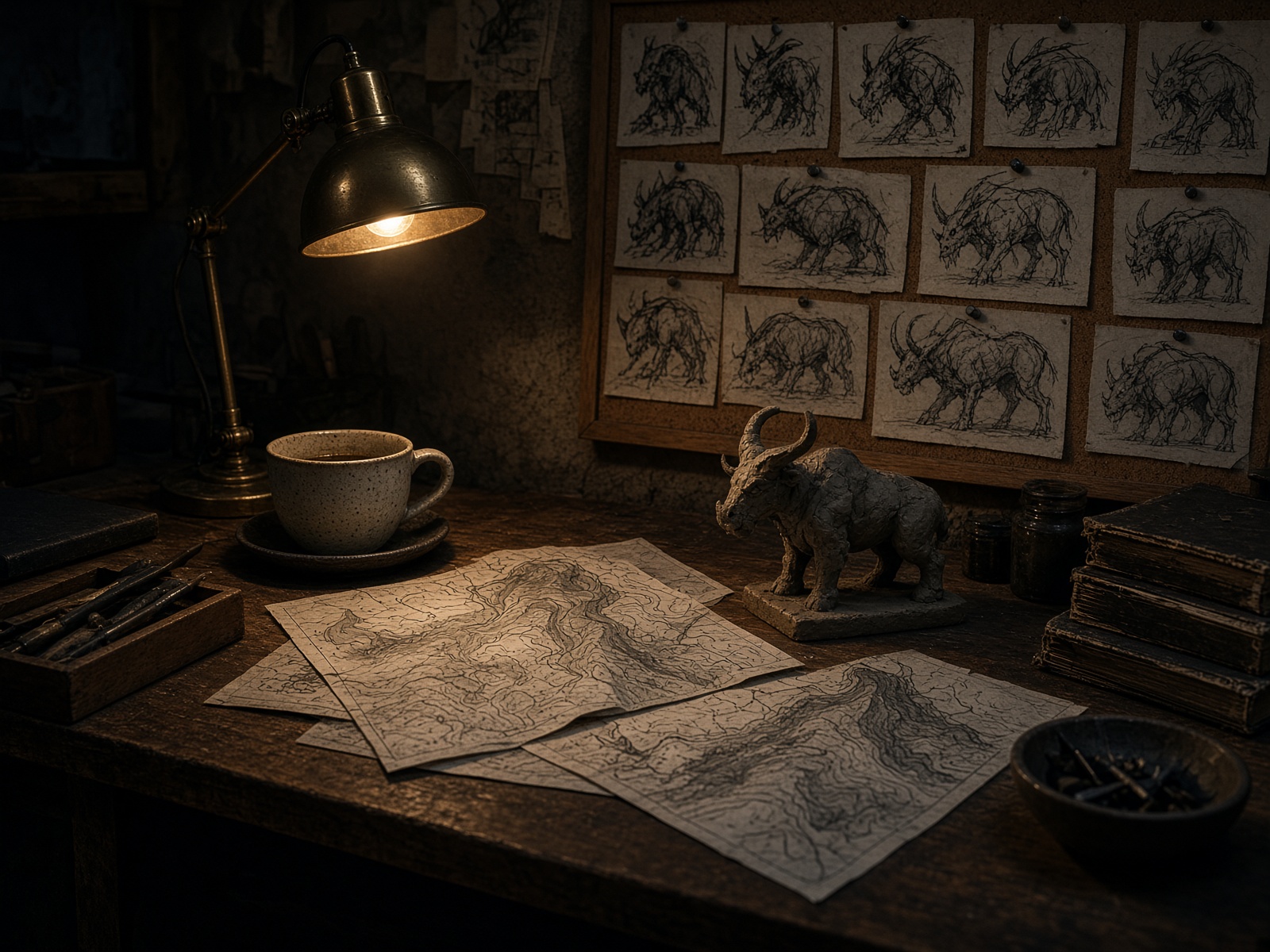 A studio workbench at night with clay maquettes and charcoal sketches.